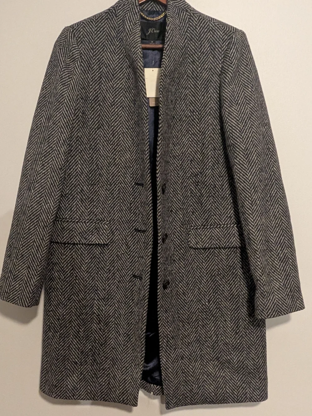 NWT J. Crew 98% Wool Herringbone Long Car Coat Navy Preppy Top Coat Tweed 6 Med - Picture 3 of 9